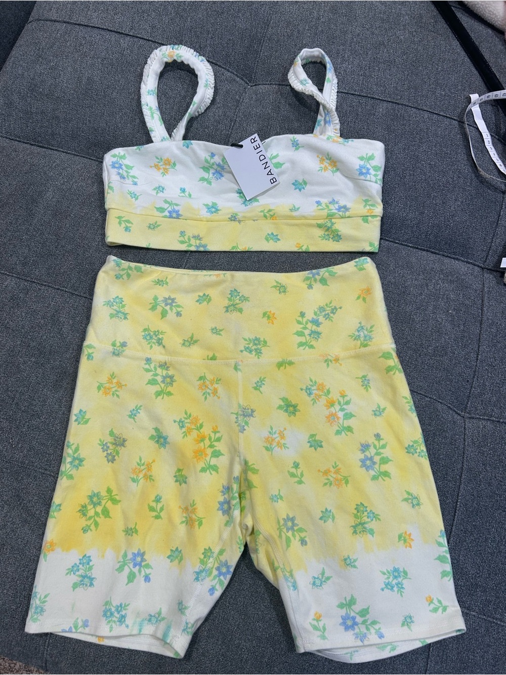 NWT Bandier Floral Dip-Dye Ruffle Bra & Biker Shorts Set L